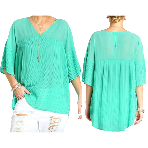 Umgee Top Size M Mint Green Pleated Whimsy Bell Sleeve Relaxed Tunic Women Shirt - Picture 1 of 4